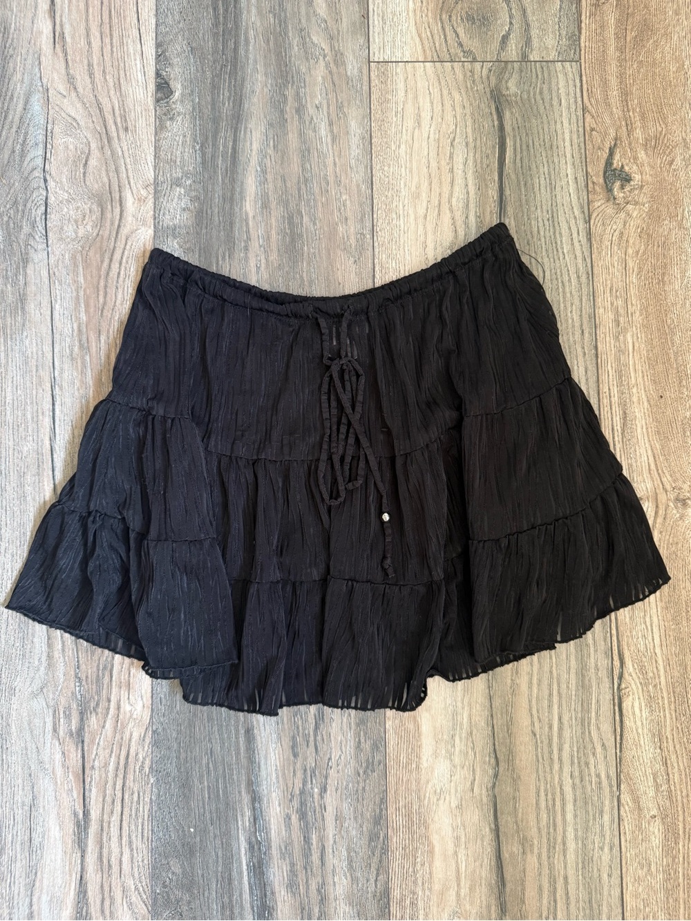 J Valdi Womens M Black Tiered Ruffle Mini Skirt Drawstring Y2K Boho Sheer